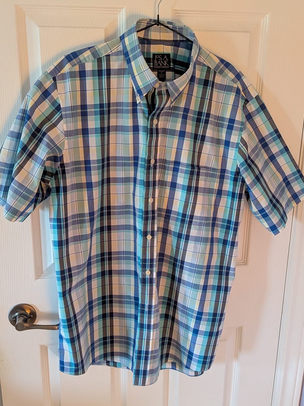 Jos. A. Bank Blue and White Plaid Short-Sleeve Button-Down Shirt